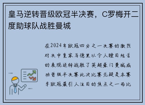 皇马逆转晋级欧冠半决赛，C罗梅开二度助球队战胜曼城